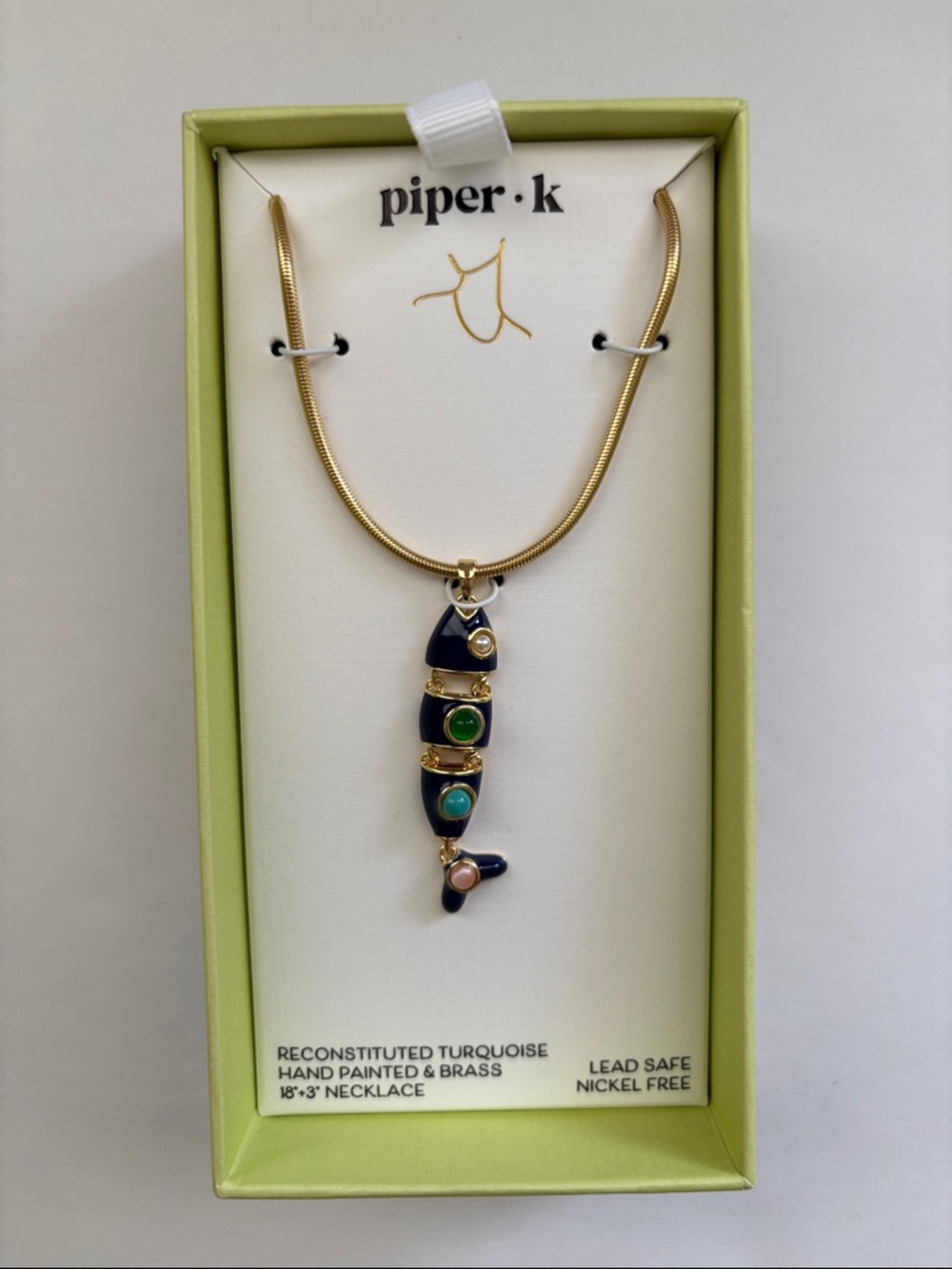 Piper-K Gold Tone Fish Pendant Necklace with Navy, Turquoise and Green Accents
